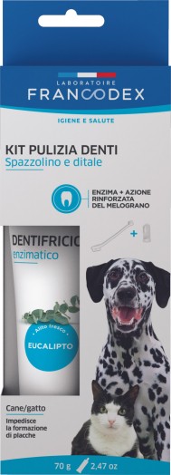 Kit Francodex per igiene orale cani e gatti con dentifricio e spazzolino 70 g al gusto eucalipto Kit Francodex per igiene orale cani e gatti con dentifricio e spazzolino 70 g al gusto eucalipto